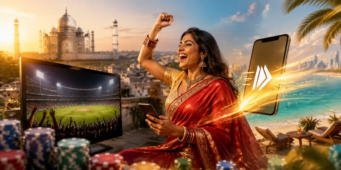 Indian player logging in on mobile device with cricket background